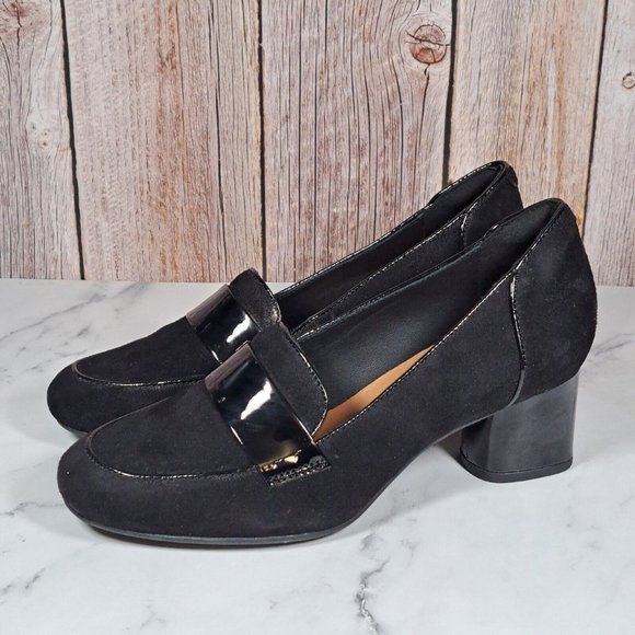 Clarks Shoes Clarks Unstructured Cosmo Way Black Leather Pump Block Heel Womens 65 M Nwob